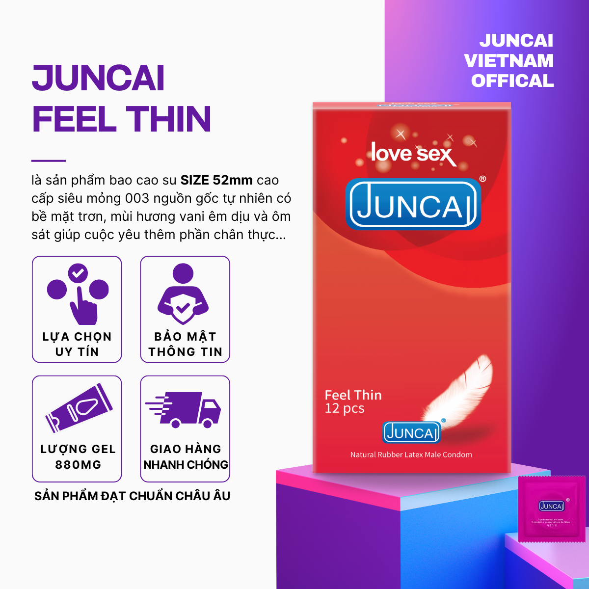 Bao cao su juncai feel thin siêu mỏng, nhiều gel bôi trơn