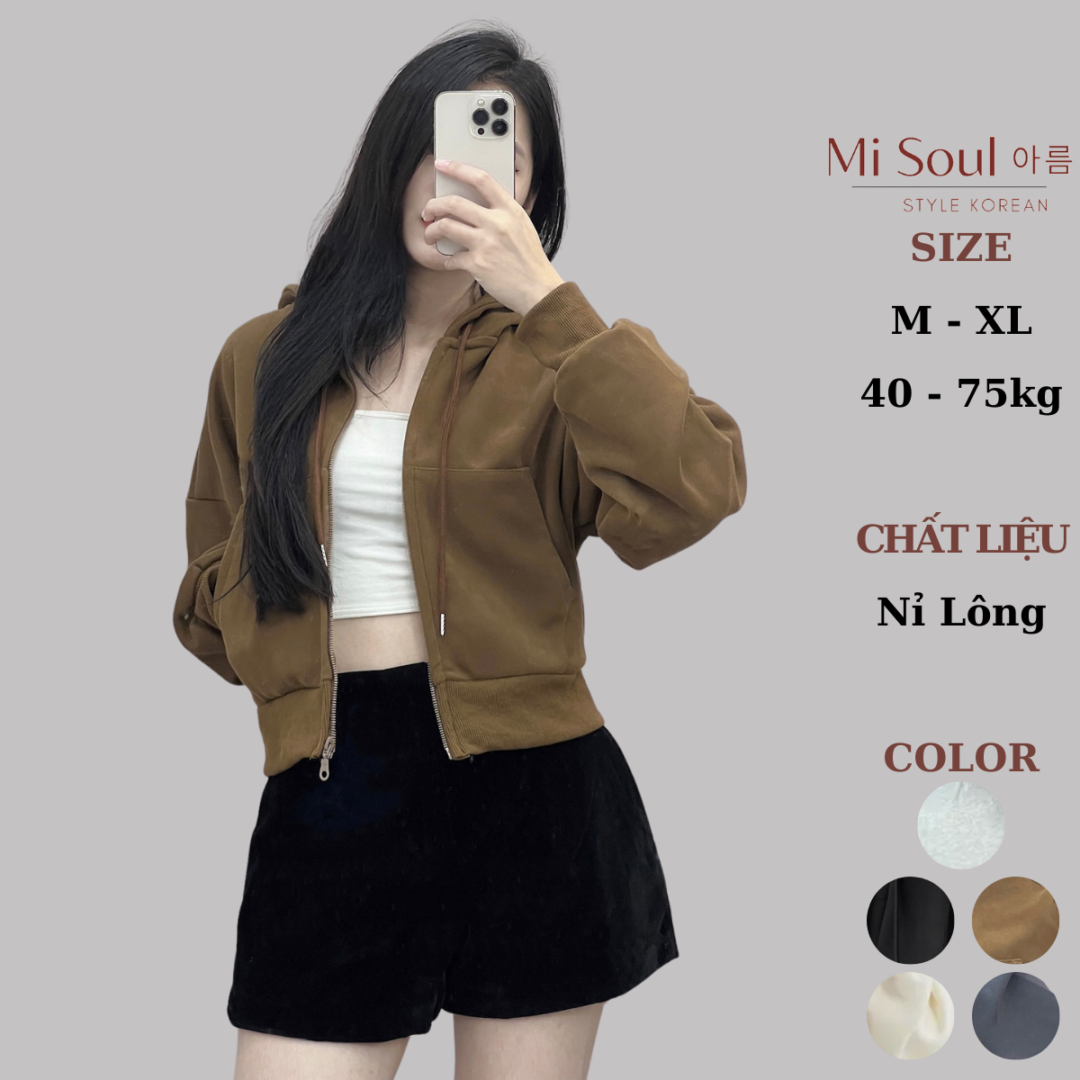 Áo khoác nỉ croptop có mũ bigsize misoul, áo khoác nỉ form rộng bigsoul misoul 229