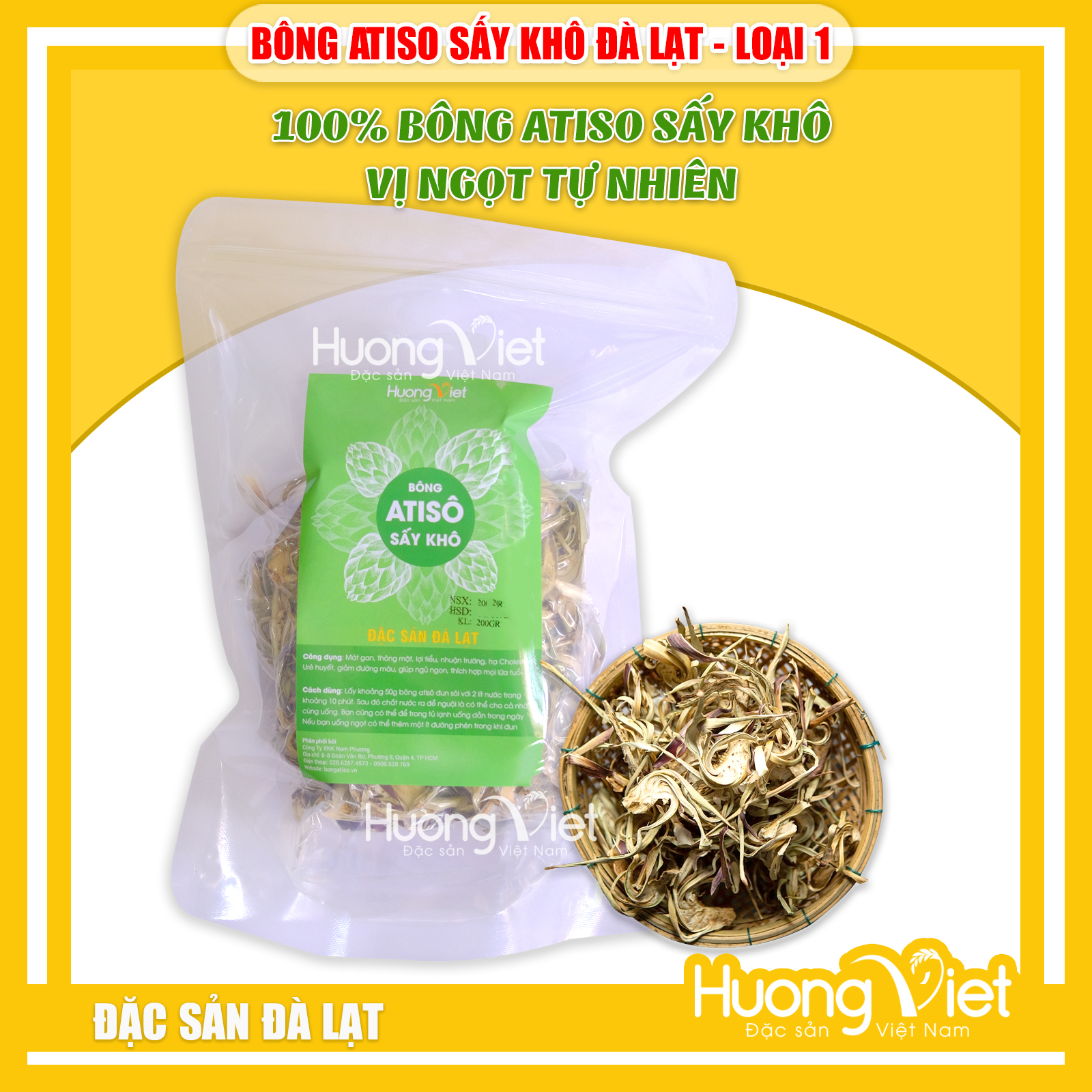 Trà giải nhiệt Bông Atiso sấy khô Đà Lạt cao cấp loại túi 200gr, hoa atiso sấy khô giải nhiệt mùa hè