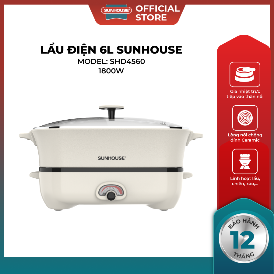 Lẩu Điện 6L Chính Hãng Sunhouse Đa Năng SHD4560, Chống Dính Men Sứ Ceramic, Công Suất Cao Lên Đến 1800W