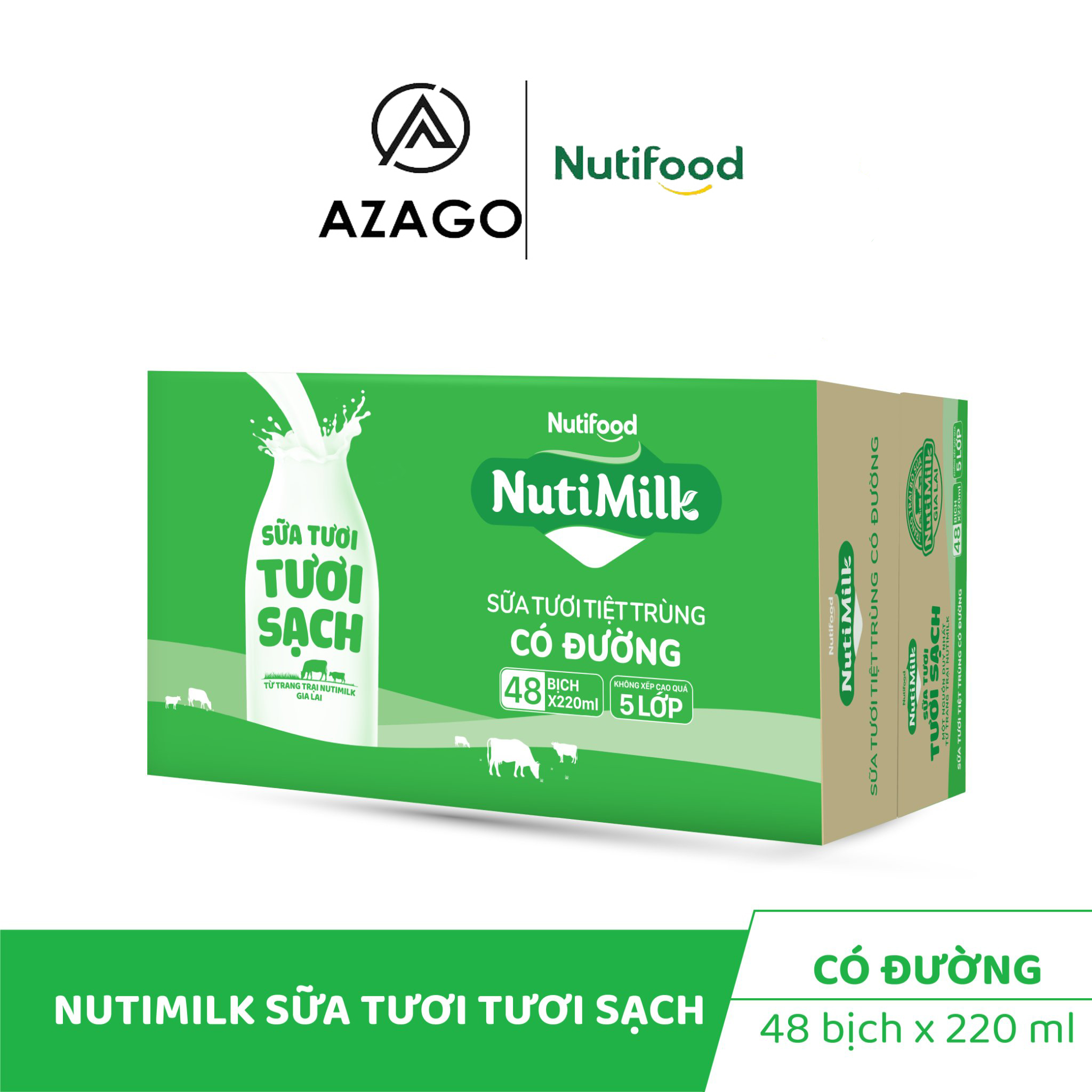 Thùng 48 bịch NutiMilk Sữa tươi sạch - Sữa tươi tiệt trùng Có đường Bịch 220ml TU.STCDB220AZ - Thương Hiệu NUTIFOOD - AZAGO