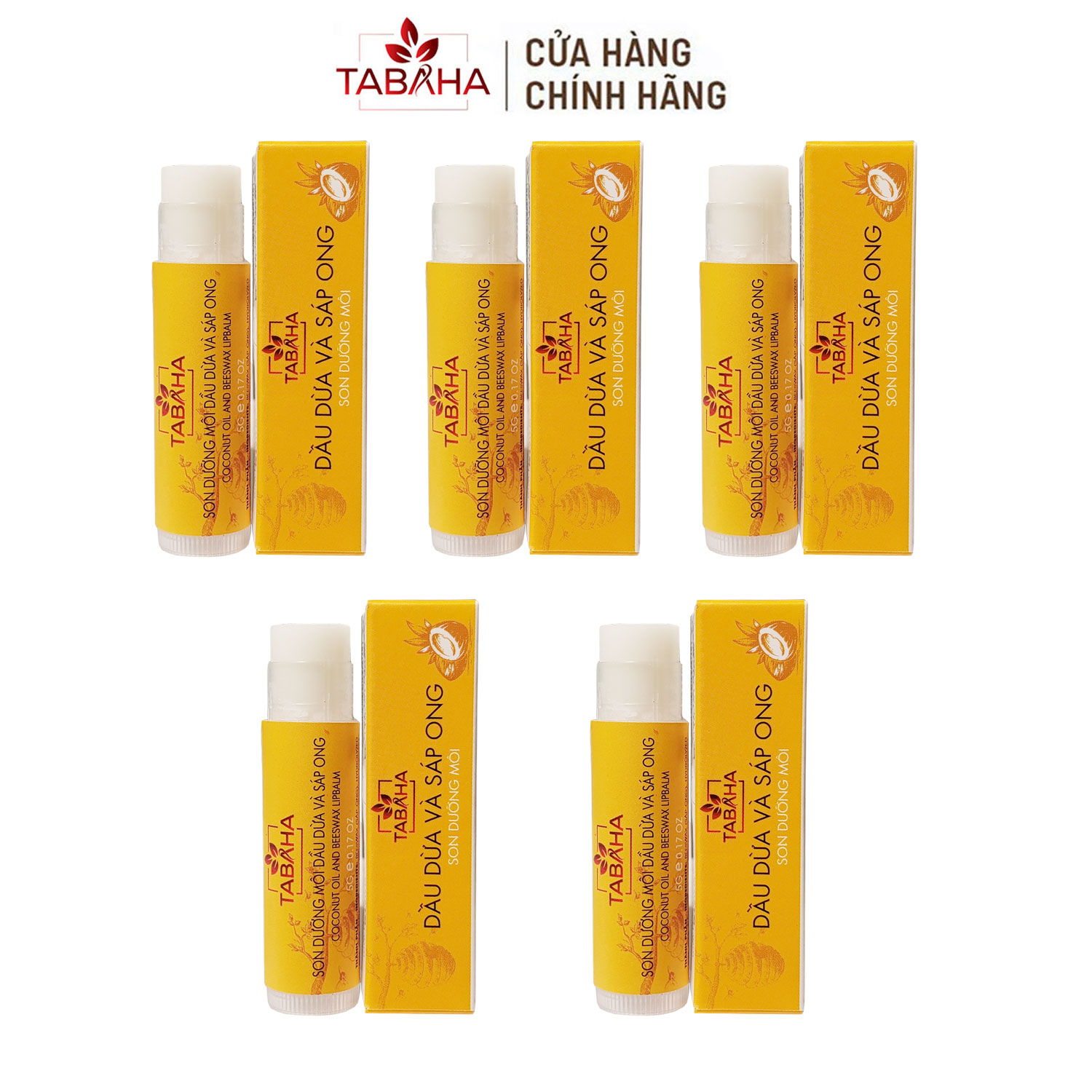 Combo 5 cây son dầu dừa sáp ong Tabaha dưỡng ẩm môi 5g