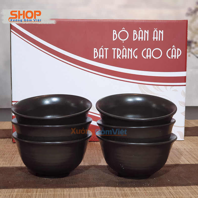 BỘ 6 BÁT CƠM MEN ĐEN MÁT BẰNG GỐM BÁT TRÀNG CAO CẤP - XƯỞNG GỐM VIỆT