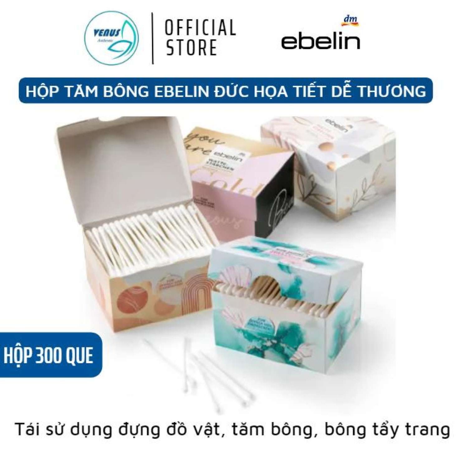 Tăm bông Ebelin Đức ngoáy tai lấy ráy tai 100% bông tinh khiết, hộp 300 que - Hàng nội địa Đức