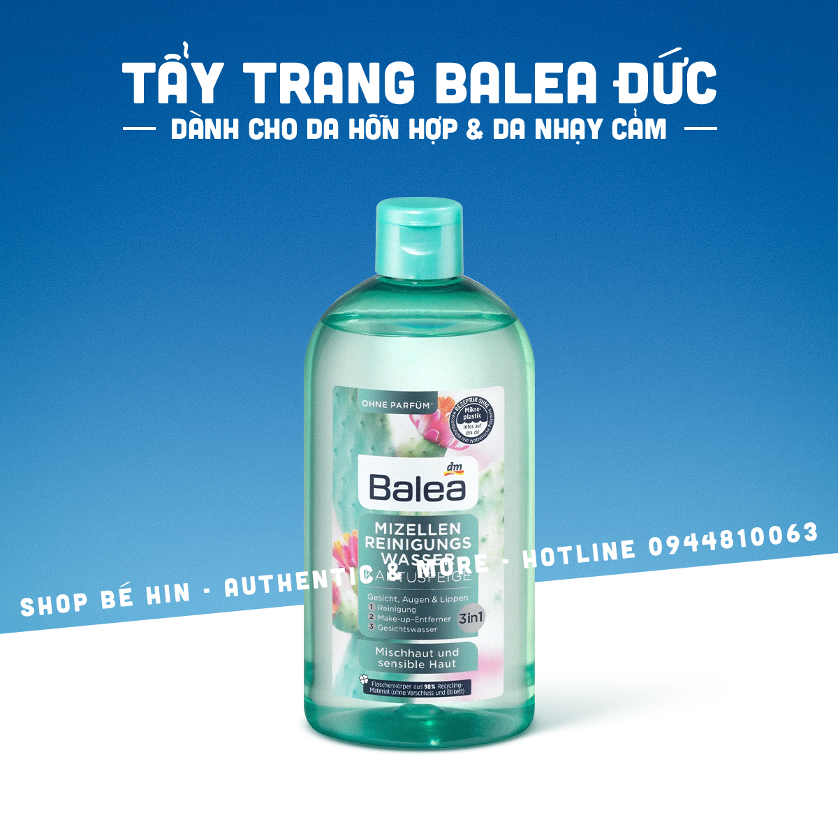 Nước tẩy trang Balea Đức, 300ml, nước tẩy trang Balea 3in1 dành cho da khô, da hỗn hợp và da nhạy cảm