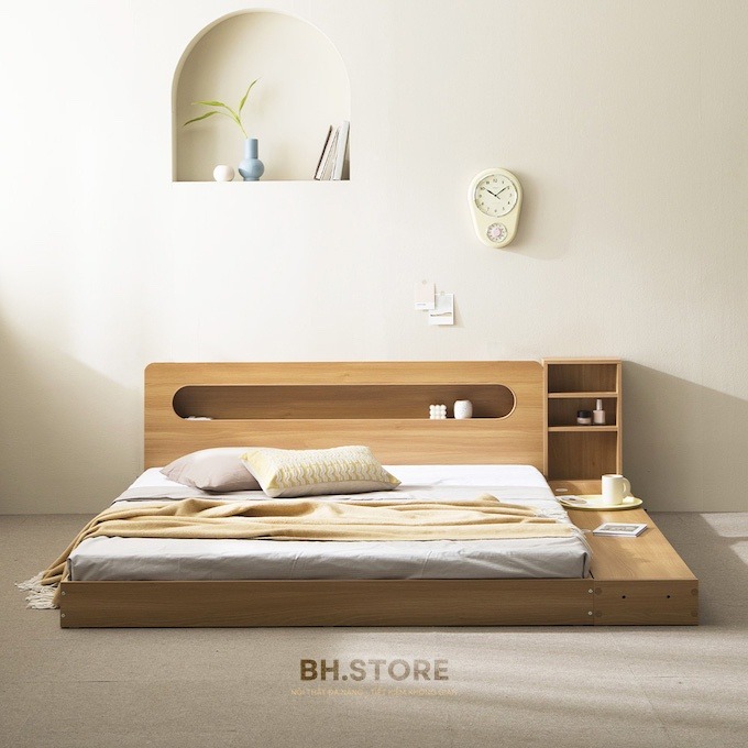 Giường ngủ bệt gỗ thiết kế kiểu Nhật Bản kèm ngăn tủ đựng đồ tiện lợi, giường bệt bo góc đẹo đa năng