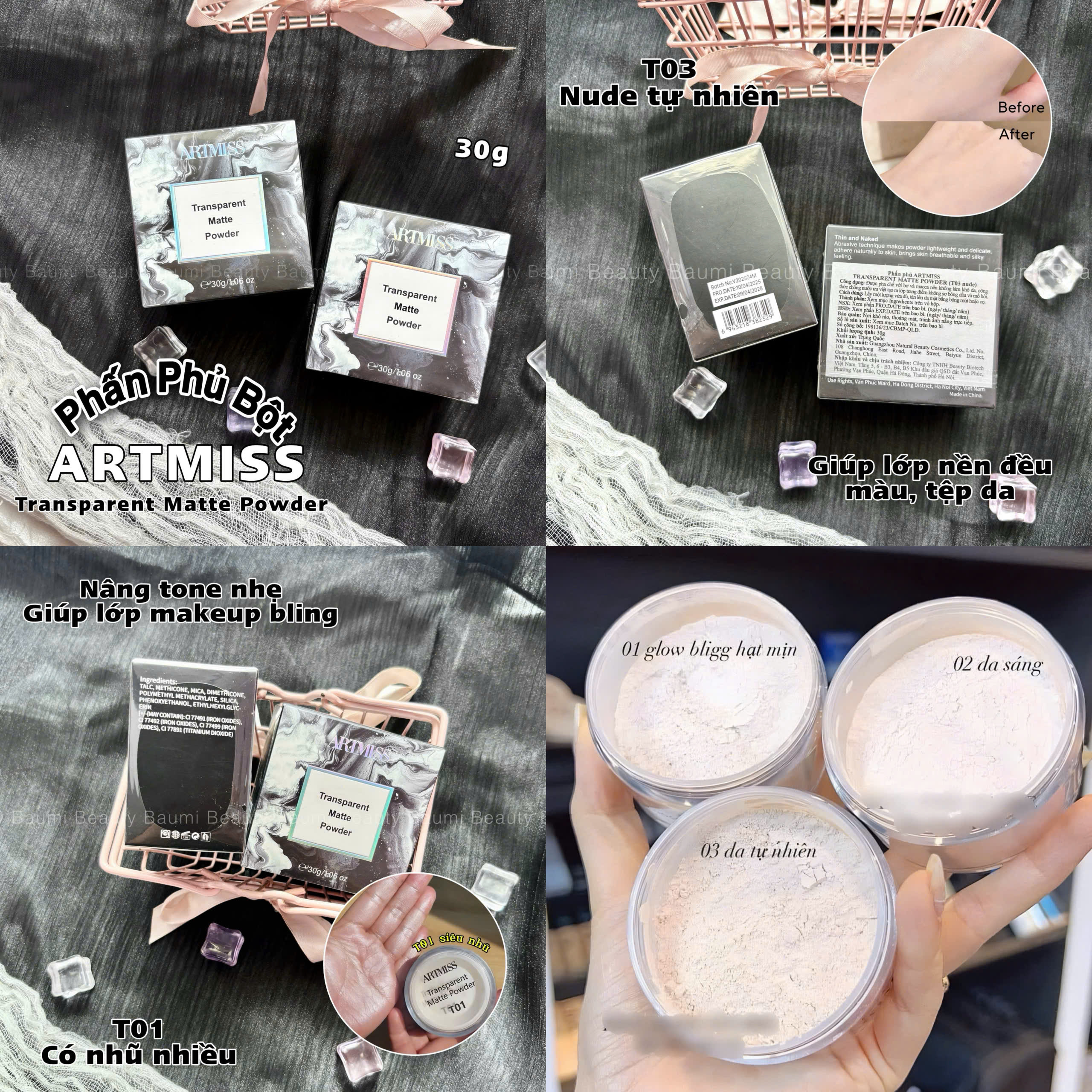 Oil-Control Powder, with Shimmer, Skin Texture Artmiss Transparent Matte Powder 30g - 4
