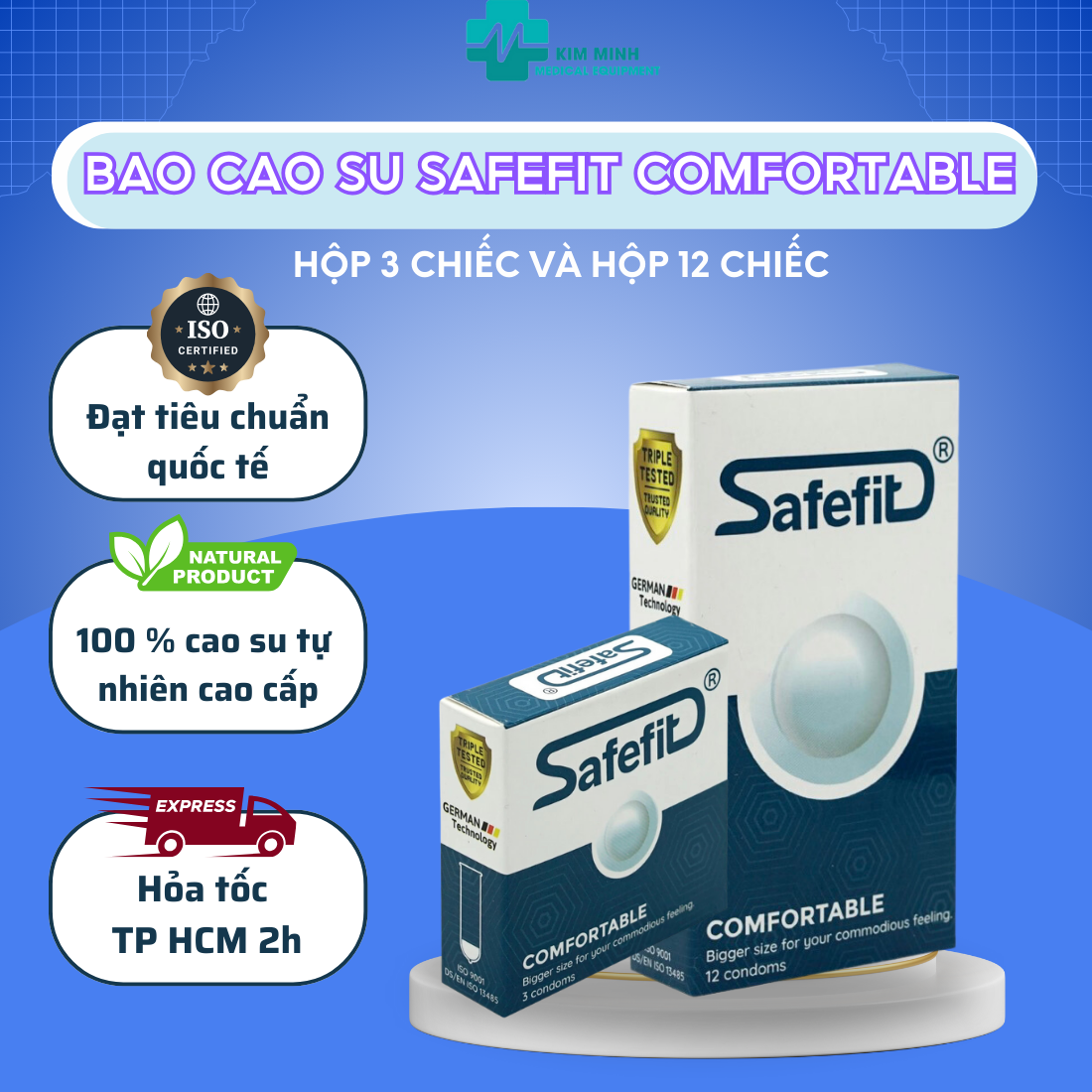 Bao cao su Safefit Comfortable size 52 nhiều chất bôi trơn hộp 3 cái, hộp 10 cái