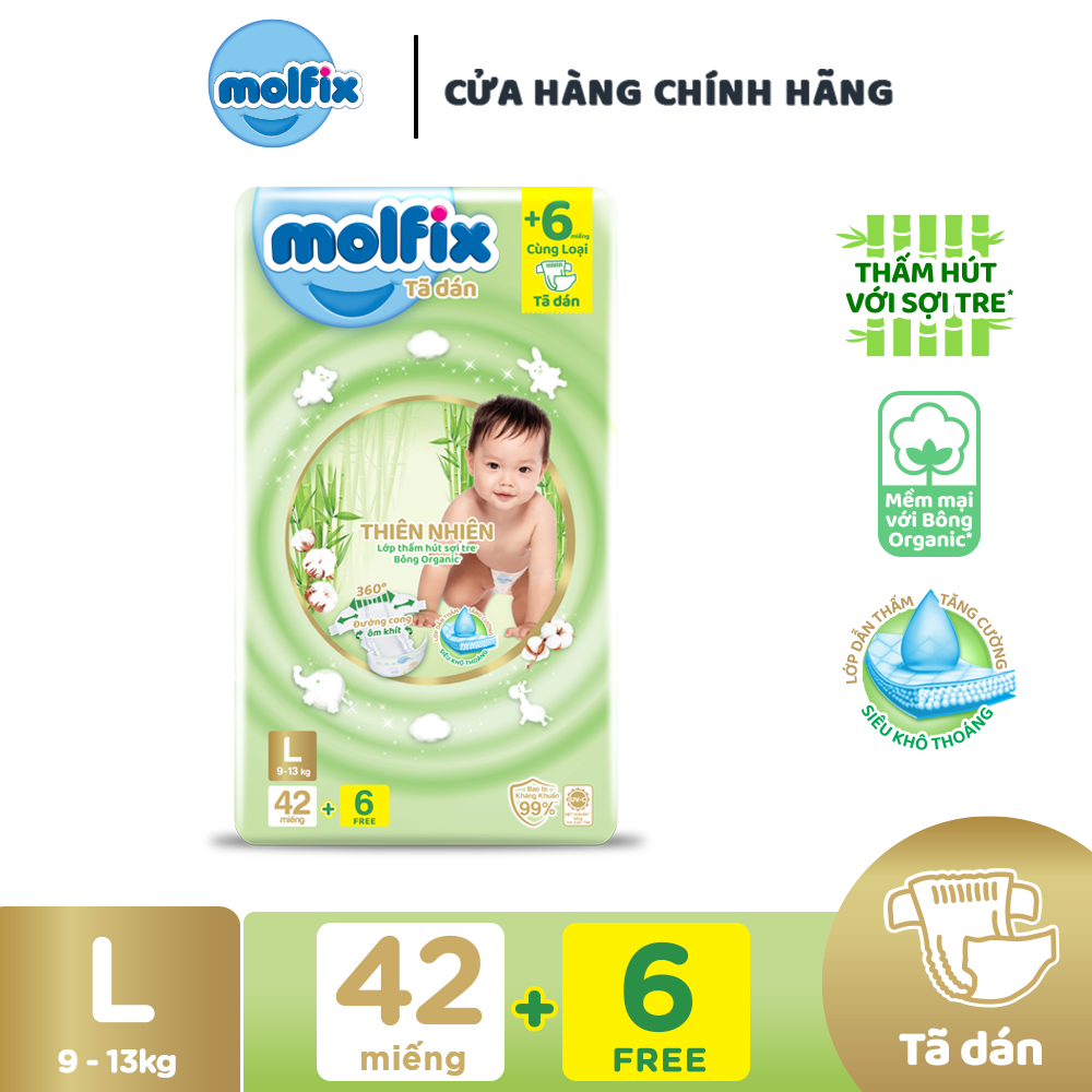 Tã Dán Molfix Thiên nhiên M48/L42/XL38 Tặng thêm 6 Miếng