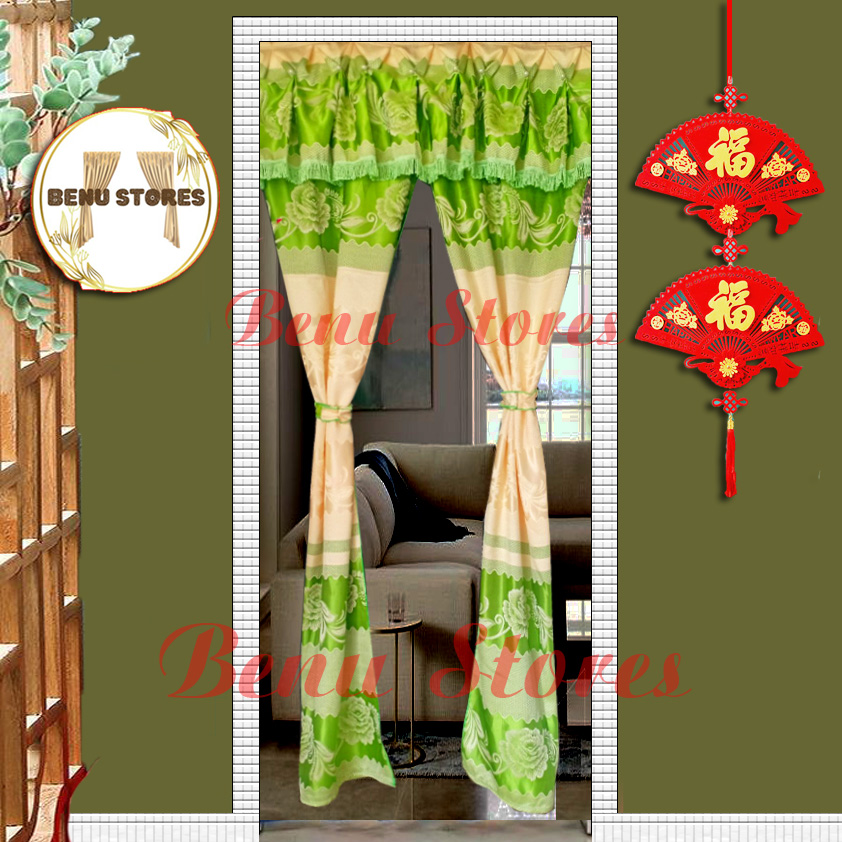 Rèm cửa chính, rèm cửa sổ BENU STORES gấm hoa xanh lá se lai xung quanh ngang 1m cao 2m bền bỉ, sang trọng, giá rẻ