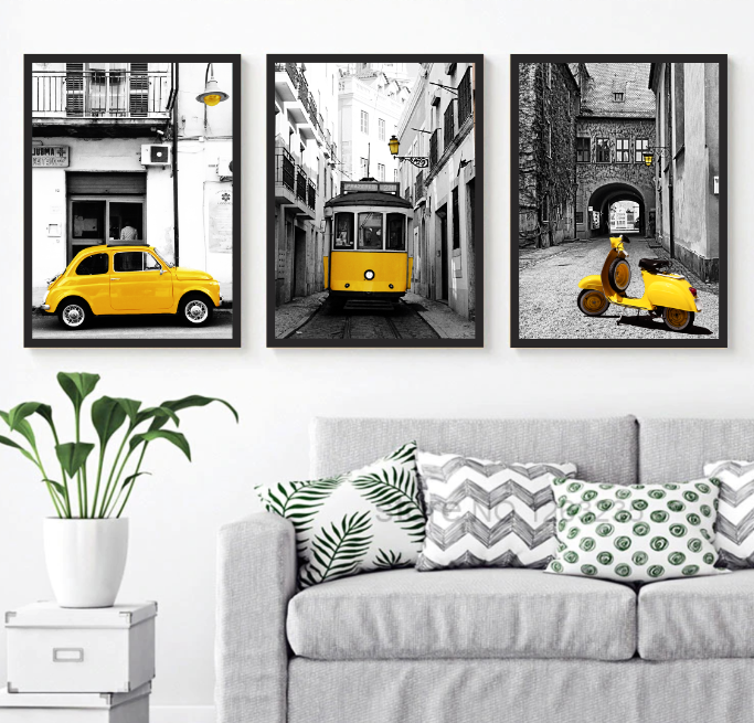 Bộ 3 khung tranh treo tường nghệ thuật in canvas - lon don vàng đen - kèm khung