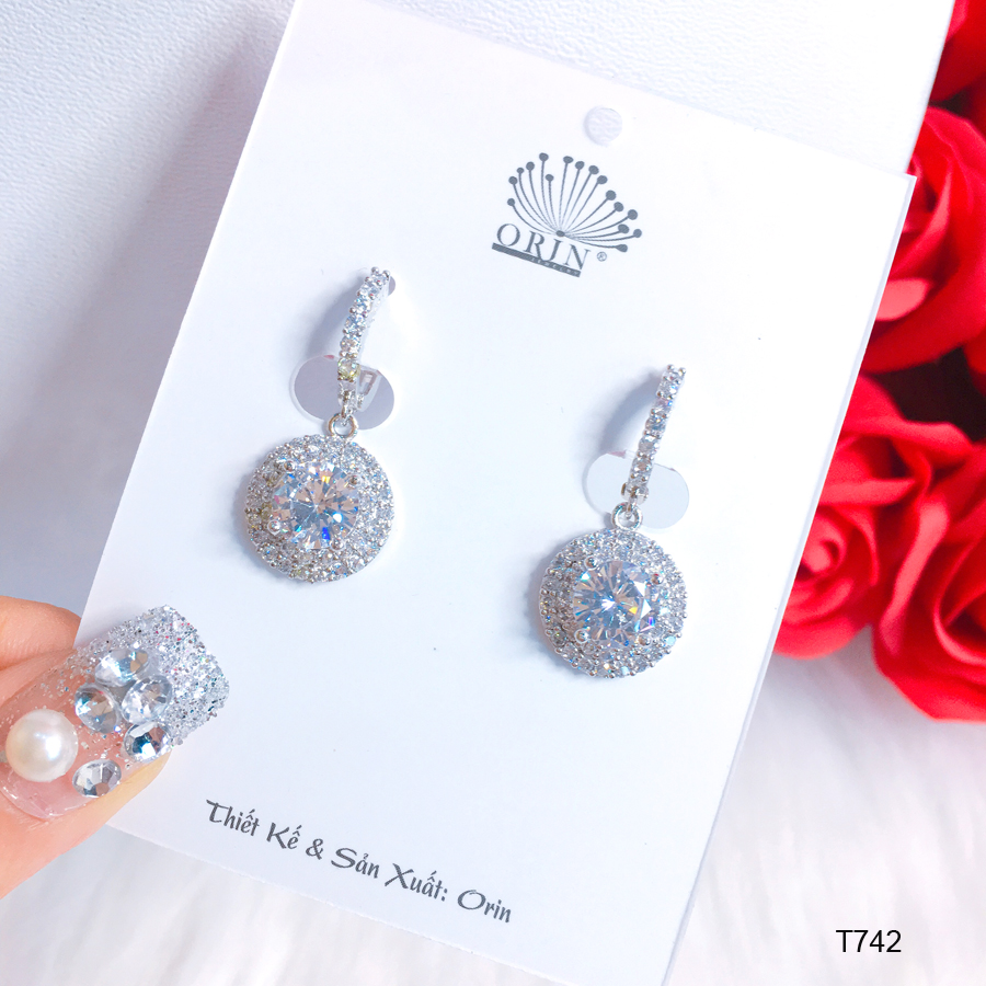 Bông tai bạc, khuyên tai dài tòn ten tròn đính đá thời thượng Orin T742