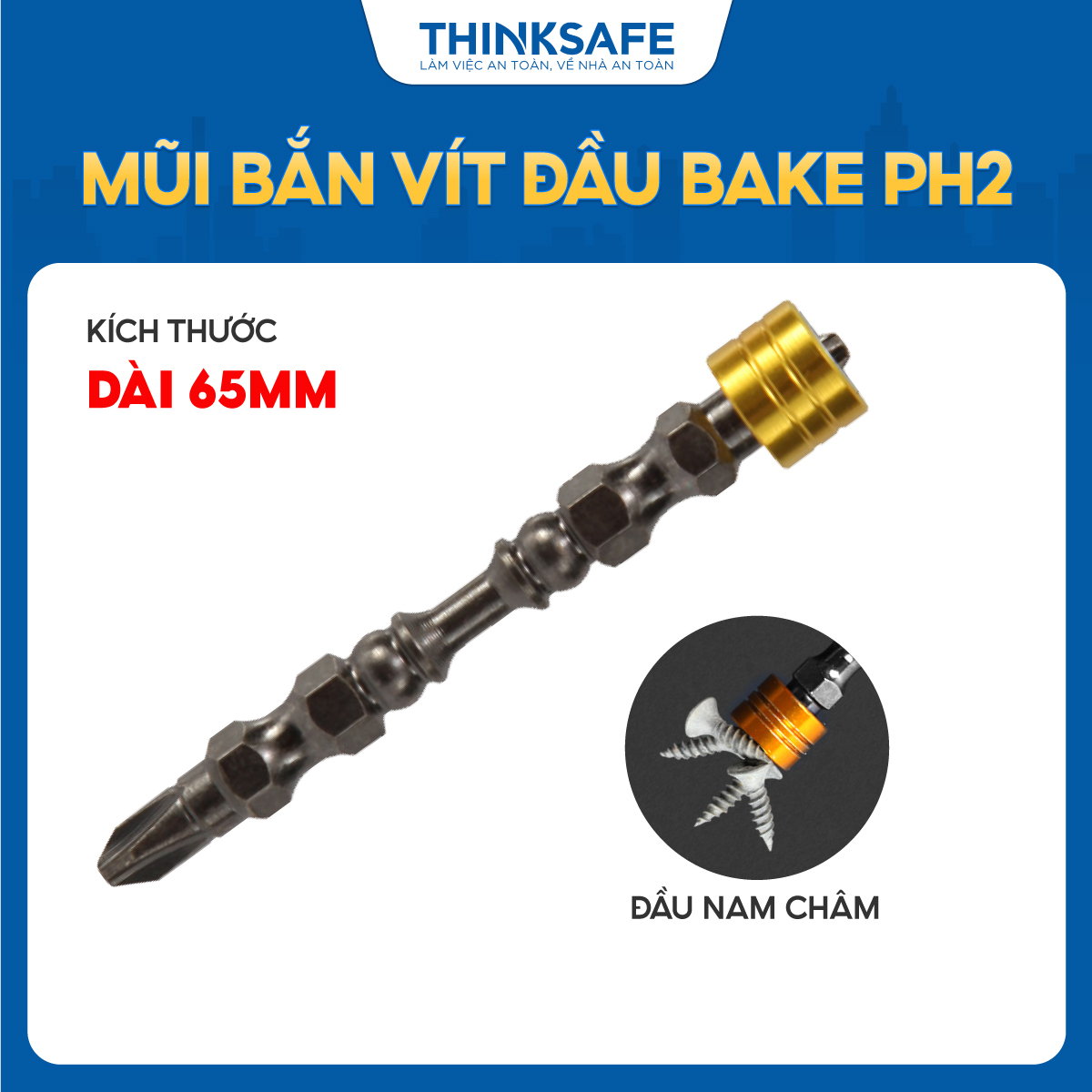 Mũi bắn vít đầu bake PH2 có nam châm dài 65mm, mũi vít chất liệu thép S2 cao cấp Đầu bắn vít - Thinksafe
