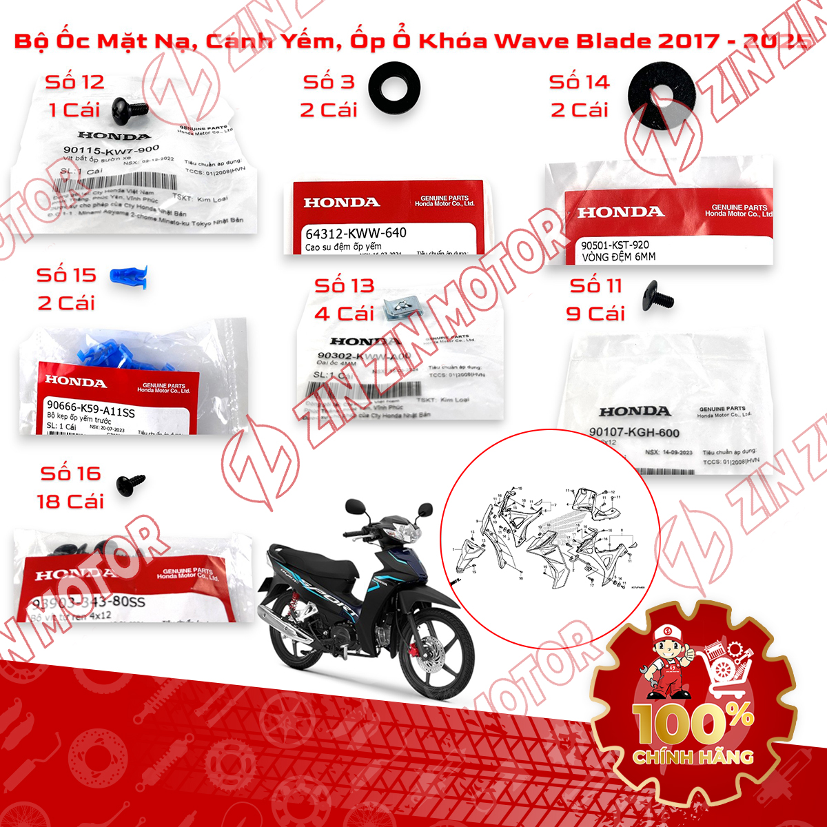 Bộ Ốc Dàn Áo Bắt Mặt Nạ, Cánh Yếm, Ốp Ổ Khóa Wave Blade 110 2017 - 2025 90115-KW7-900, 64312-KWW-640