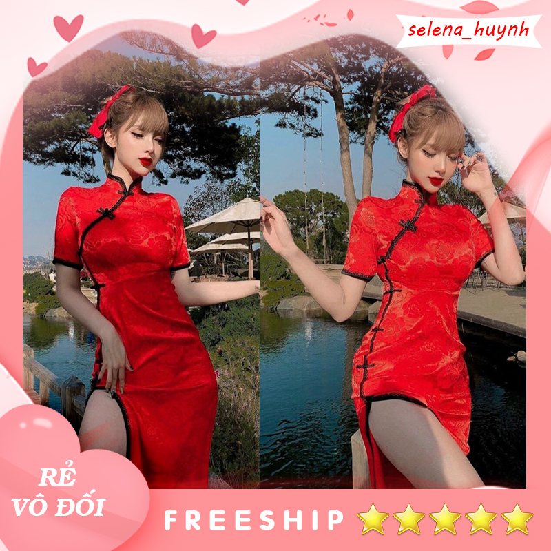 Đầm sườn xám xẻ tà màu đỏ diện tết selena67
