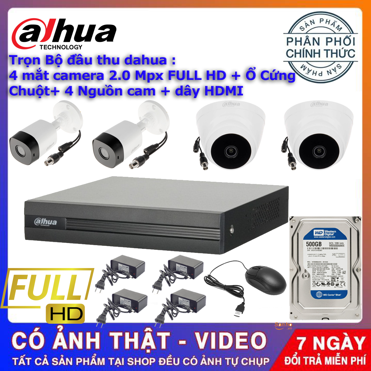 [Bảo Hành 5 năm] Trọn bộ đầu thu dahua Full HD,dùng cả camera có dây và không dây, bao gồm 1 đầu DH-XVR1A04 , 2 mắt DH-HAC-T1A21P , 2 mắt DH-HAC-B1A21P 2.0 Mpx , ổ cứng 500gb , 4 nguồn camera , chuột , dây HDMI