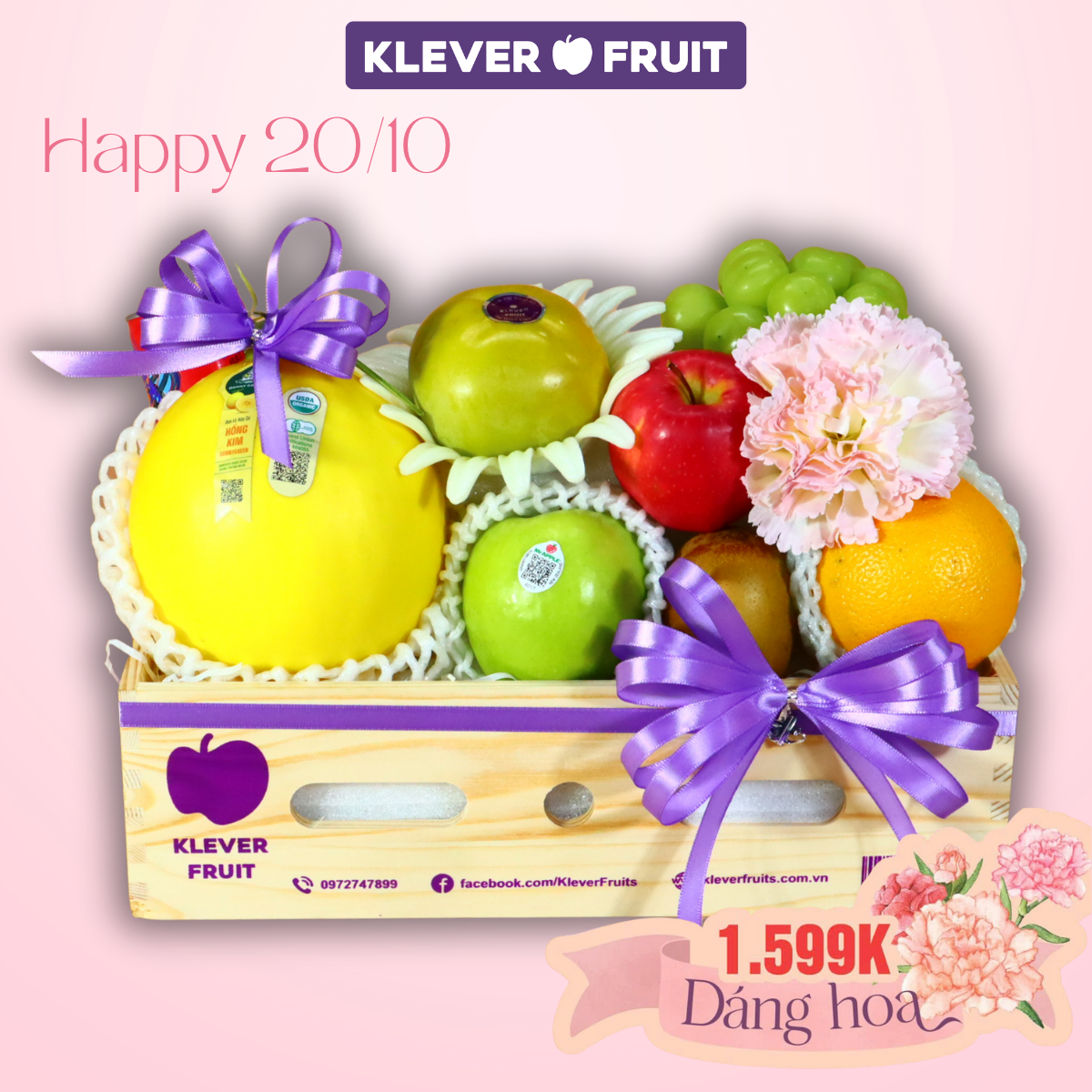 Hộp Quà 20/10 Mộc Hoa Tone Tím Sang Trọng - Quà Tặng Trái Cây Tươi Mừng Ngày Phụ Nữ Việt Nam - Klever Fruit