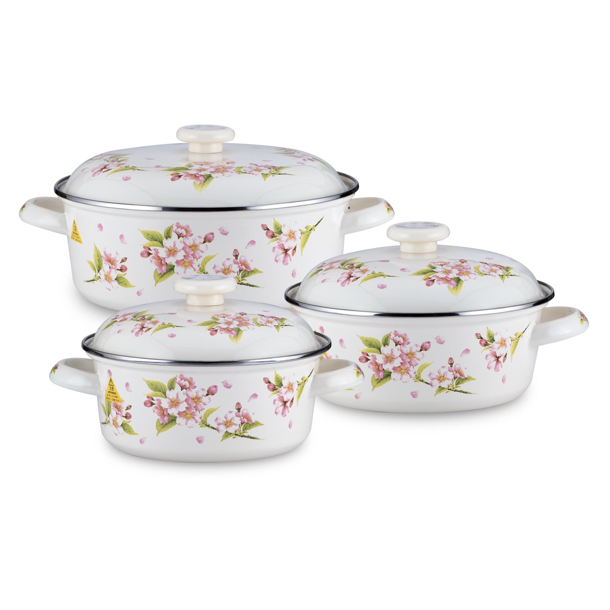 Bộ nồi tráng men đáy từ Nhật Bản cao cấp Fujihoro SYW-332 , Hoa văn Sakura , dùng được mọi bếp , hàng chính hãng