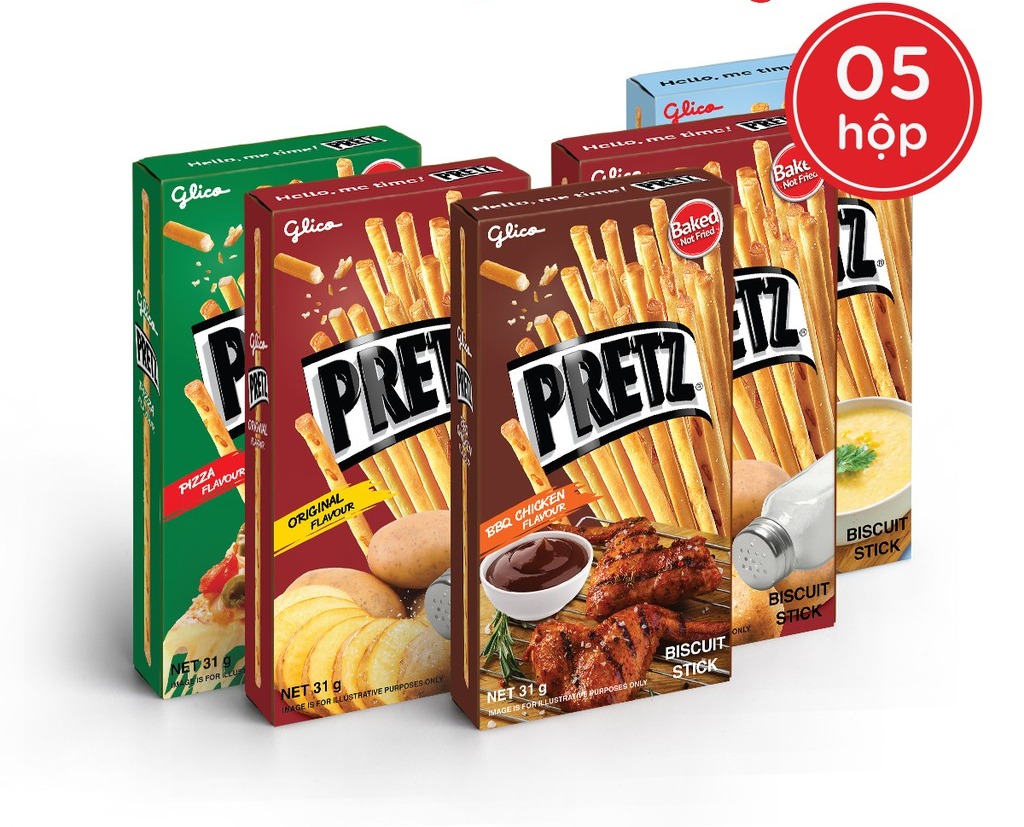 Combo Snack que Pretz nướng Giòn 4 vị X 5 Hộp (2 Original X 1 BBQ Gà X 1 Pizza X 1 Bắp)