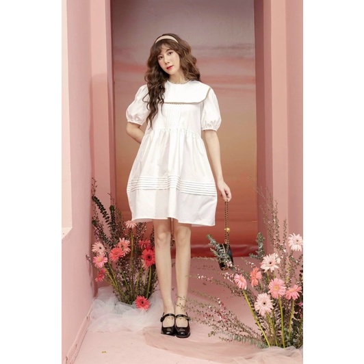 Đầm đi chơi nữ dáng babydoll tay phồng dễ thương, đầm nữ cổ bèo viền tay ngắn màu xanh màu trắng