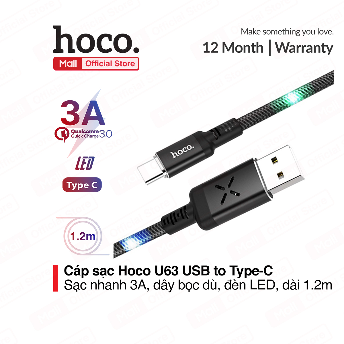 Cáp sạc nhanh type c hoco u63 có đèn led phát sáng khi sạc sạc nhanh 3a max dành cho samsung galaxy note 9 note10 s9 s10 s10+ dài 120cm