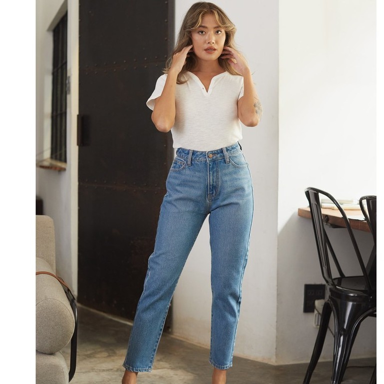 Quần jeans lưng cao nữ - momfit aqua blue