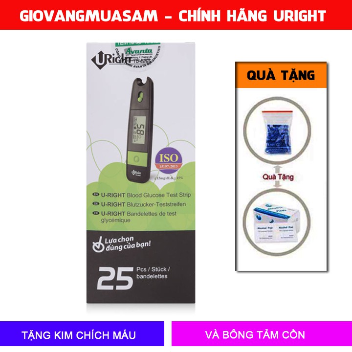 Hộp que thử đường huyết 25 que cho máy uright td 4265 + tặng 25 kim chích và bông tẩm cồn