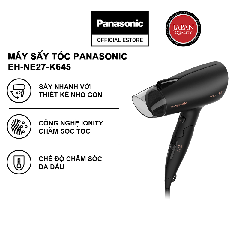 Máy sấy tóc Panasonic EH-NE27-K645 - ionity cho tóc mượt - Hiệu quả sấy tương đương 2000W - Hàng Chính hãng - Bảo hành 12 tháng
