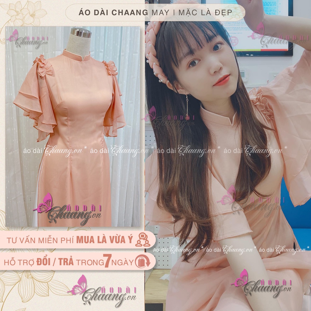 Áo dài cách tân nữ tay cánh tiên - Áo dài 4 tà thiết kế tay bèo, Vải áo dài lụa tơ óng cao cấp