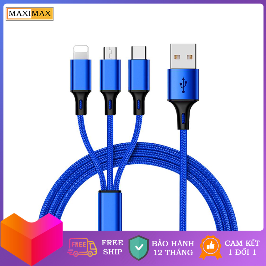 [SẠC NHANH] Dây Cáp Sạc Đa Năng -MAXIMAX - 3 Trong 1 Hỗ Trợ 3 Đầu Lightning - Micro USB - Type C - Chống Đứt - Chống Giật, cáp sạc iphone, cáp sạc samsung, cáp sạc oppo