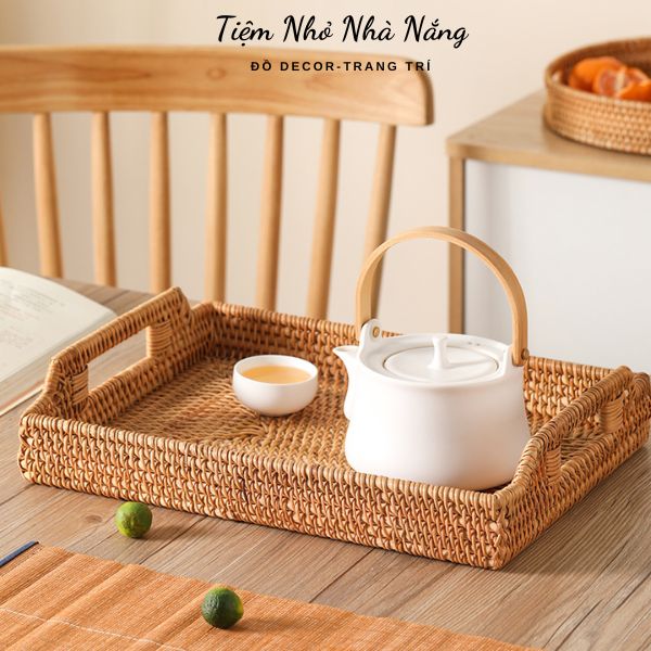 Khay mây chữ nhật tay cầm để ấm chén, hoa quả, Khay mây tre đan vintage decor trang trí nhà bếp, phòng khách