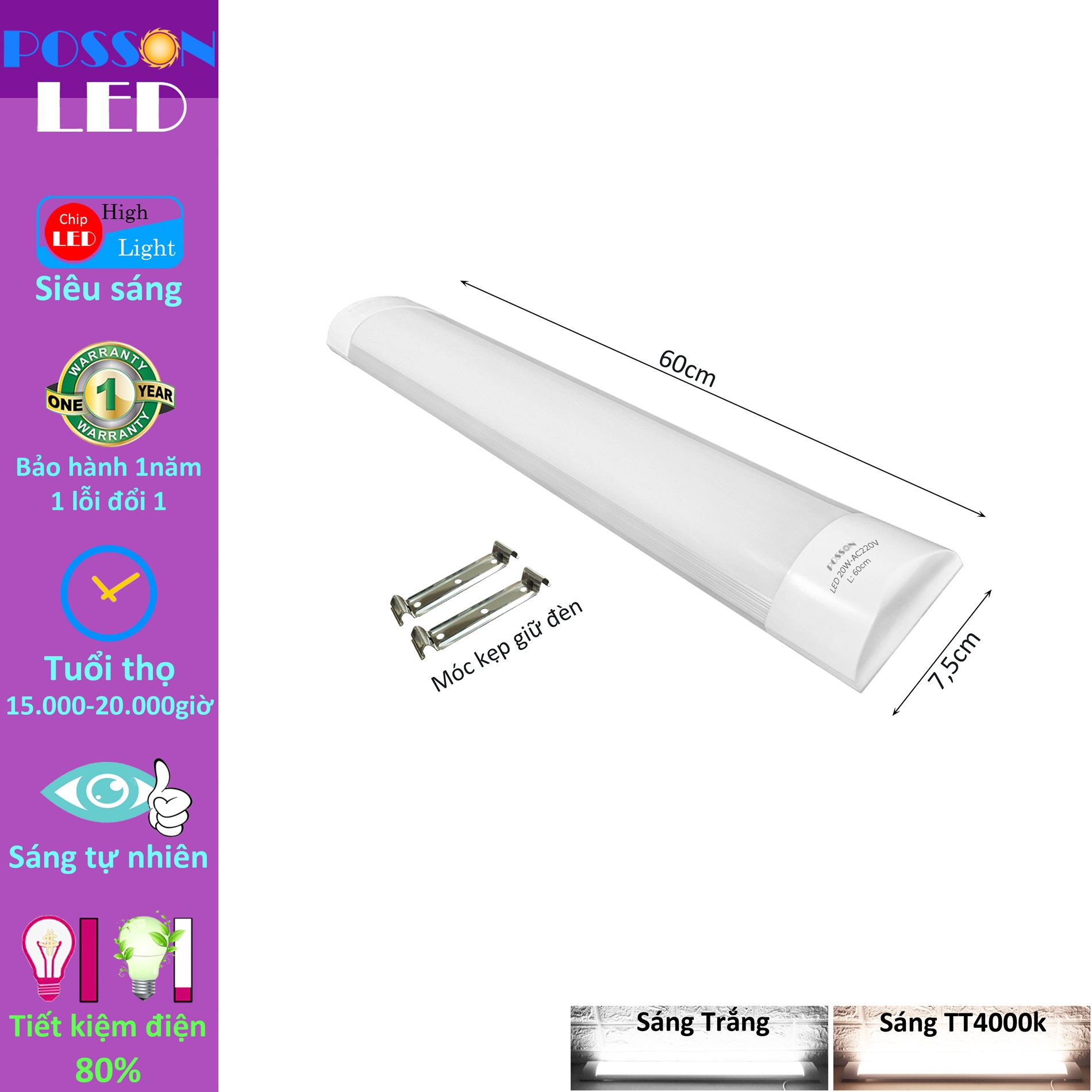 Sỉ 20 Đèn Led bán nguyệt 60cm 20w bóng tuyp Led 0,6m siêu sáng thay bóng nêon để tiết kiệm điện Posson LTC-20x