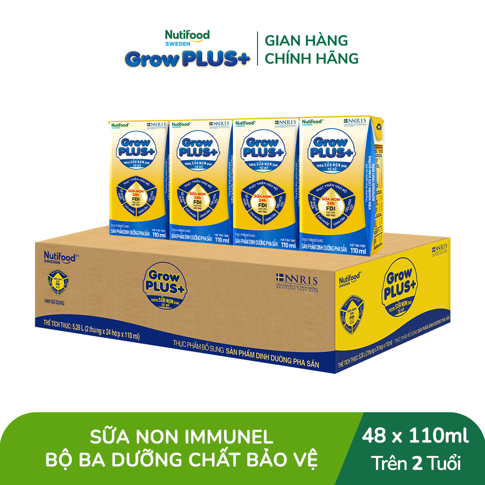 [Bao bì mới] Thùng Sữa Bột Pha Sẵn Nutifood GrowPLUS+ Vàng (Sữa Non Tăng Đề Kháng) 110ml - Trên 2 tuổi (48 Hộp x 110ml)