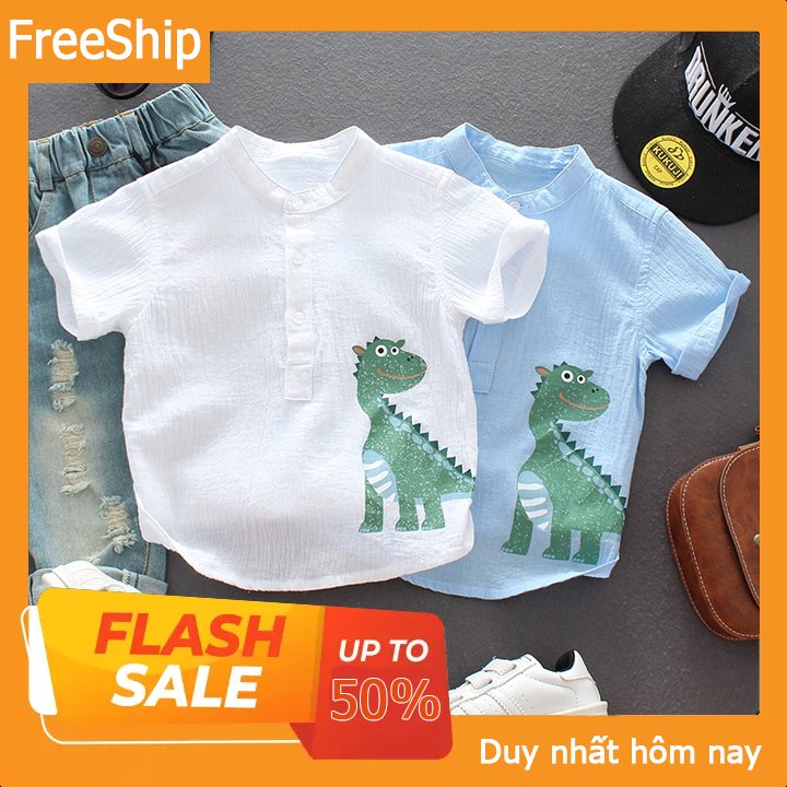 Áo sơ mi đũi cổ tàu hình khủng long cho bé từ 10-25kg