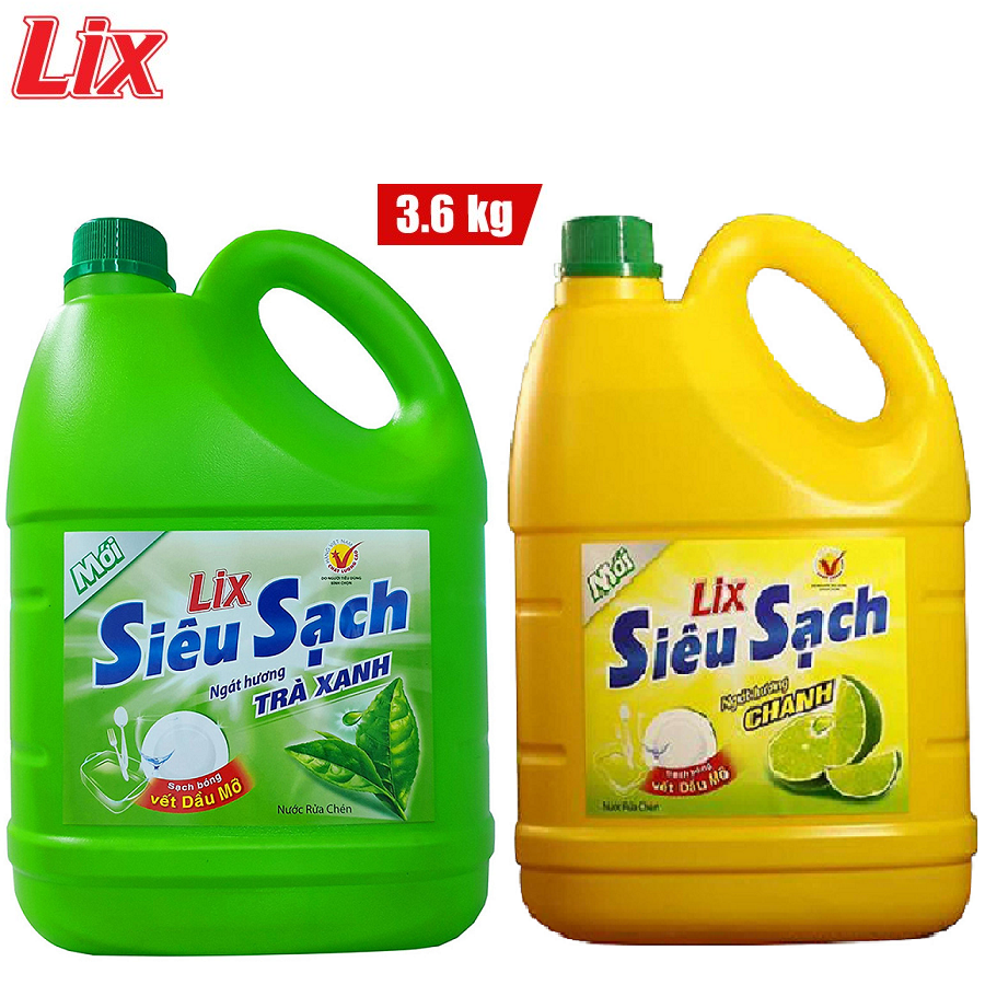 Can Nước rửa chén Lix 3,6kg-Siêu Sạch Hương Chanh/trà xanh(Mẫu mới)