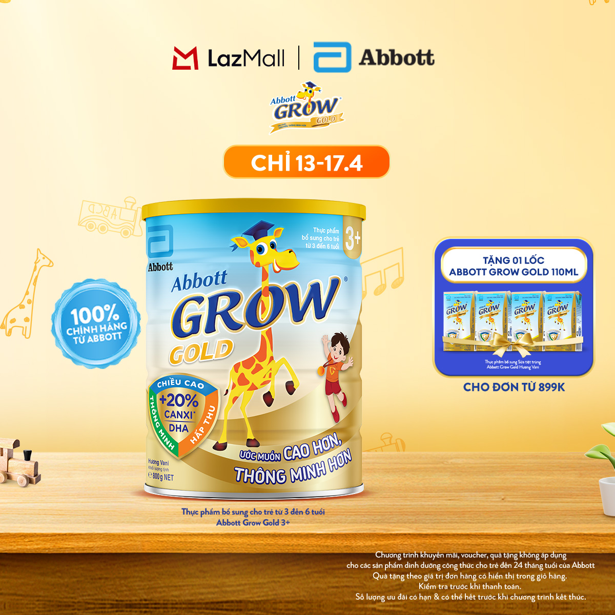 [CHỈ 13-17.04 QUÀ TẶNG CHO ĐH 899K-SLCH] Lon sữa bột Abbott Grow 3+ 800G
