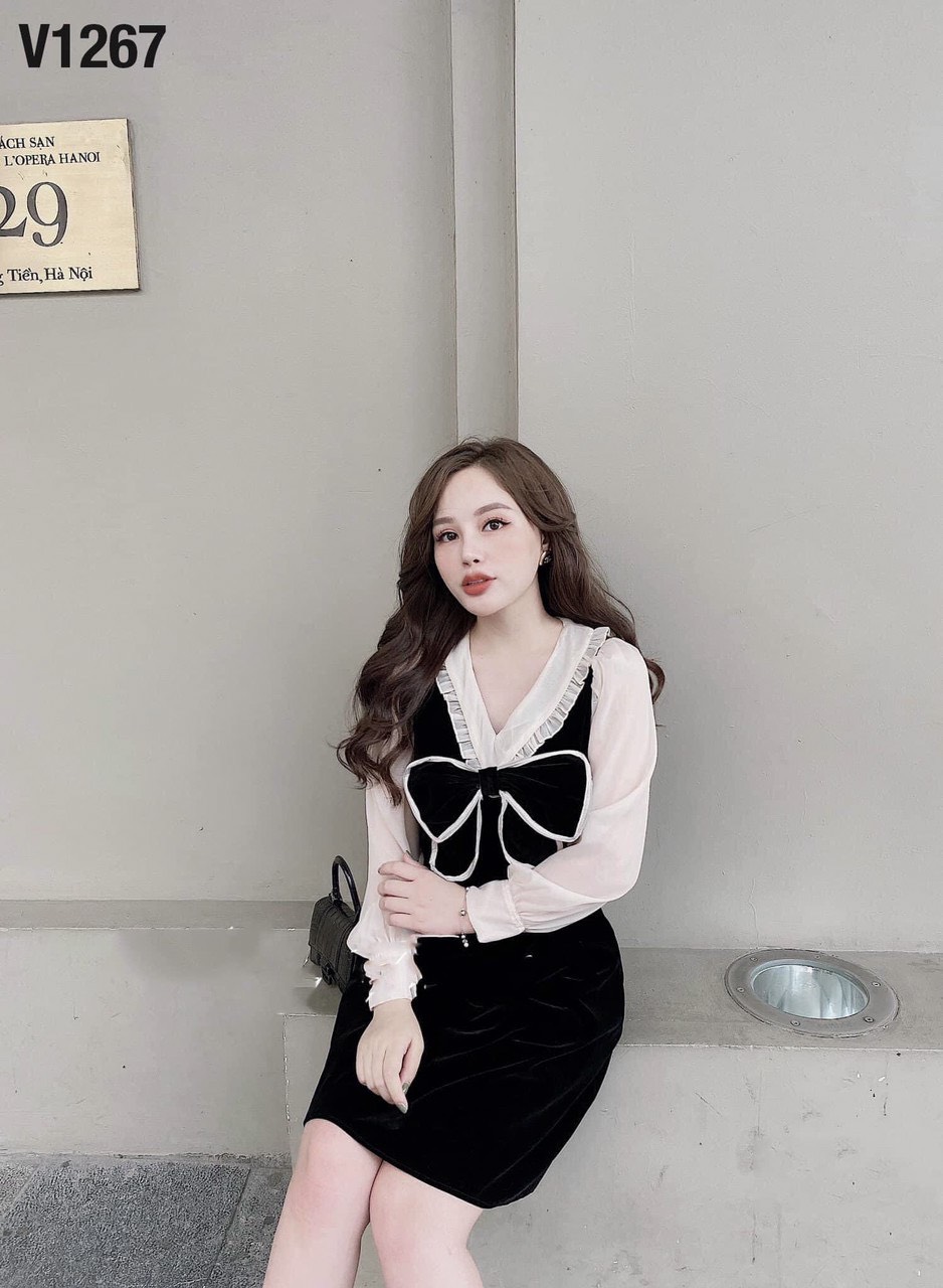 Đầm thun phối voan tay và cổ nơ phối viền đễ thương TTSA1072