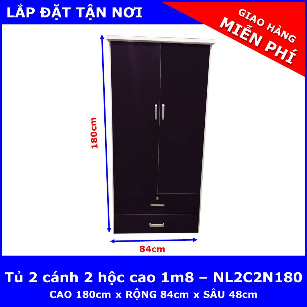 Tủ nhựa người lớn / trẻ em 2 cánh 2 hộc cao 1m85 - NL2C2N180 ( 83cm x 45cm x 180cm ) - chất liệu nhựa Đài Loan 2 lớp cao cấp - KHÔNG CONG VÊNH - KHÔNG MỐI MỌT - KHÔNG ẨM MỐC AN TOÀN KHI SỬ DỤNG
