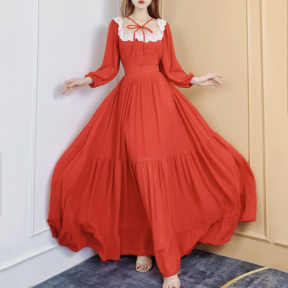 Đầm maxi nữ trơn phối ren cổ vuông tay dài mimix ck2240