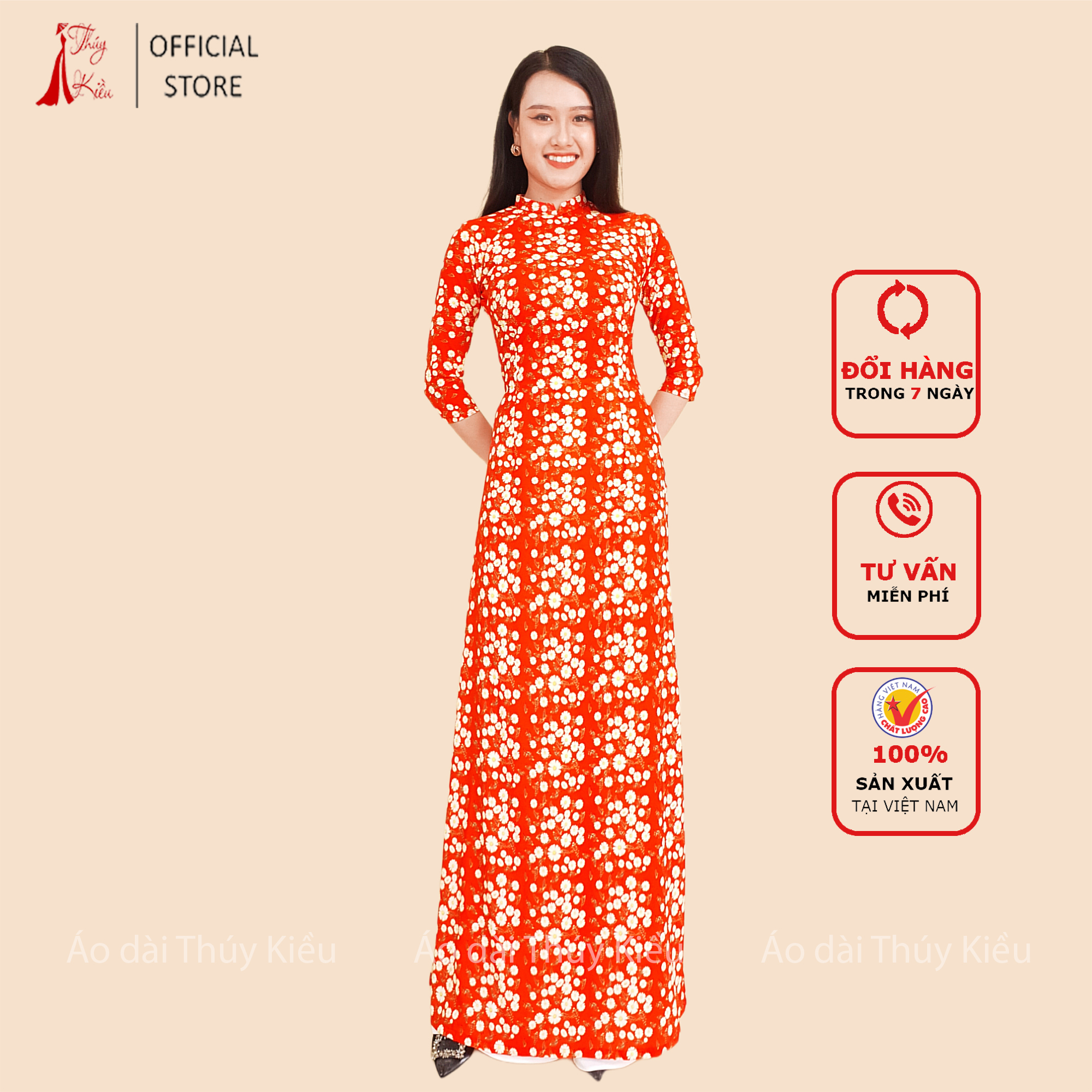Áo dài in 3d lụa nhật nền đỏ hoa nhí trắng cổ 2 phân hn07