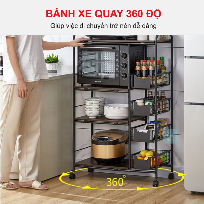 Kệ để lò vi sóng, kệ bếp đa năng có tủ nhiều tầng khung sắt, mặt gỗ MDF chống trầy xước dễ vệ sinh