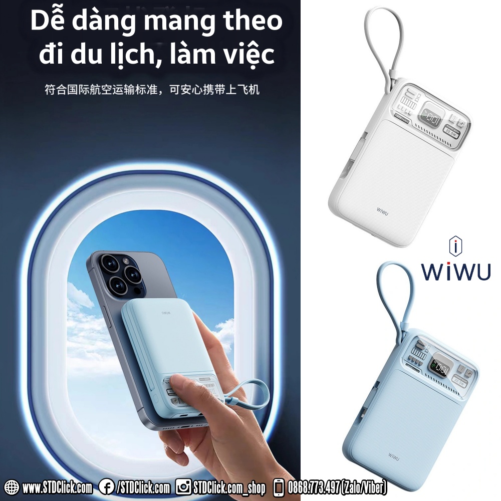 Pin sạc dự phòng nam châm WIWU Wi-P016 22.5W chính hãng-hổ trợ sạc không dây từ tính kèm cáp sạc nhanh Type C và iPhone
