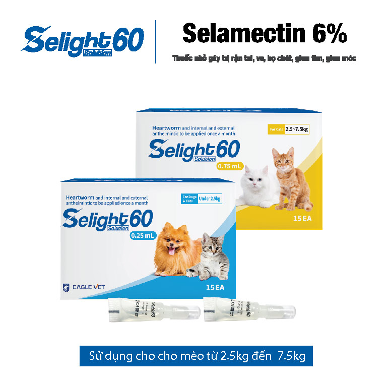 Selight 60 Solution Nhỏ gáy ve rận và xổ giun cho chó mèo