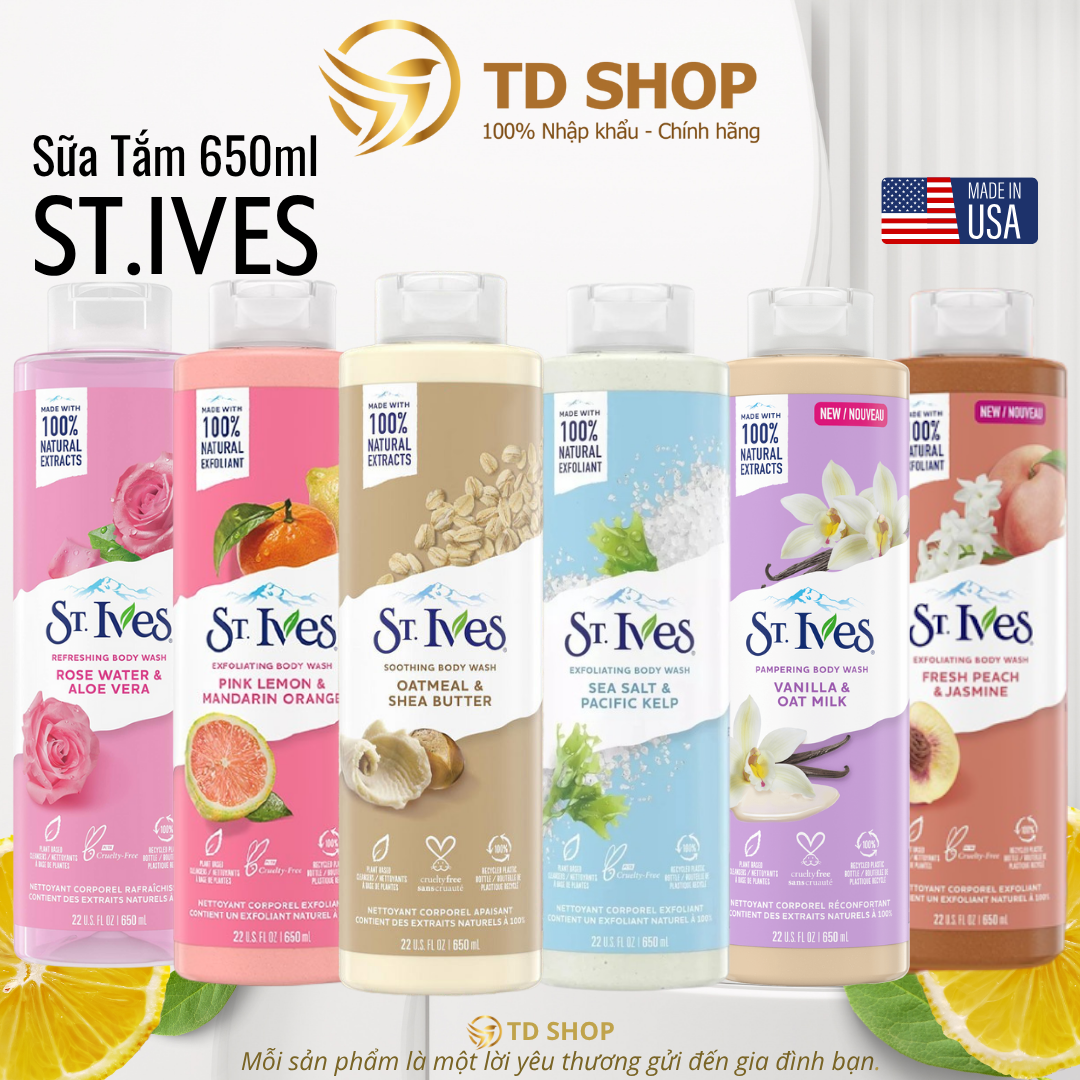  Sữa tắm St.Ives 650ml Cam chanh I Muối biển I Yến mạch I Hoa hồng tẩy tế bào chết - TD Shop 