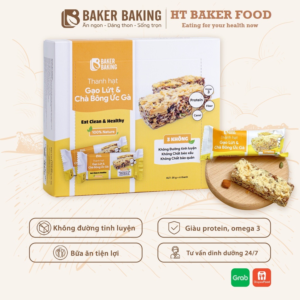 Bánh thanh hạt chà bông ức gà Baker Baking hỗ trợ người tập luyện tăng cơ, 1 thanh 25gr