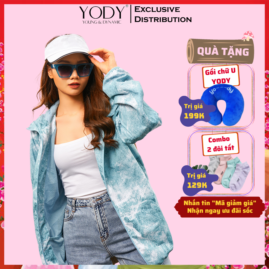 Áo khoác gió nữ YODY màu loang có mũ siêu nhẹ AKN4686