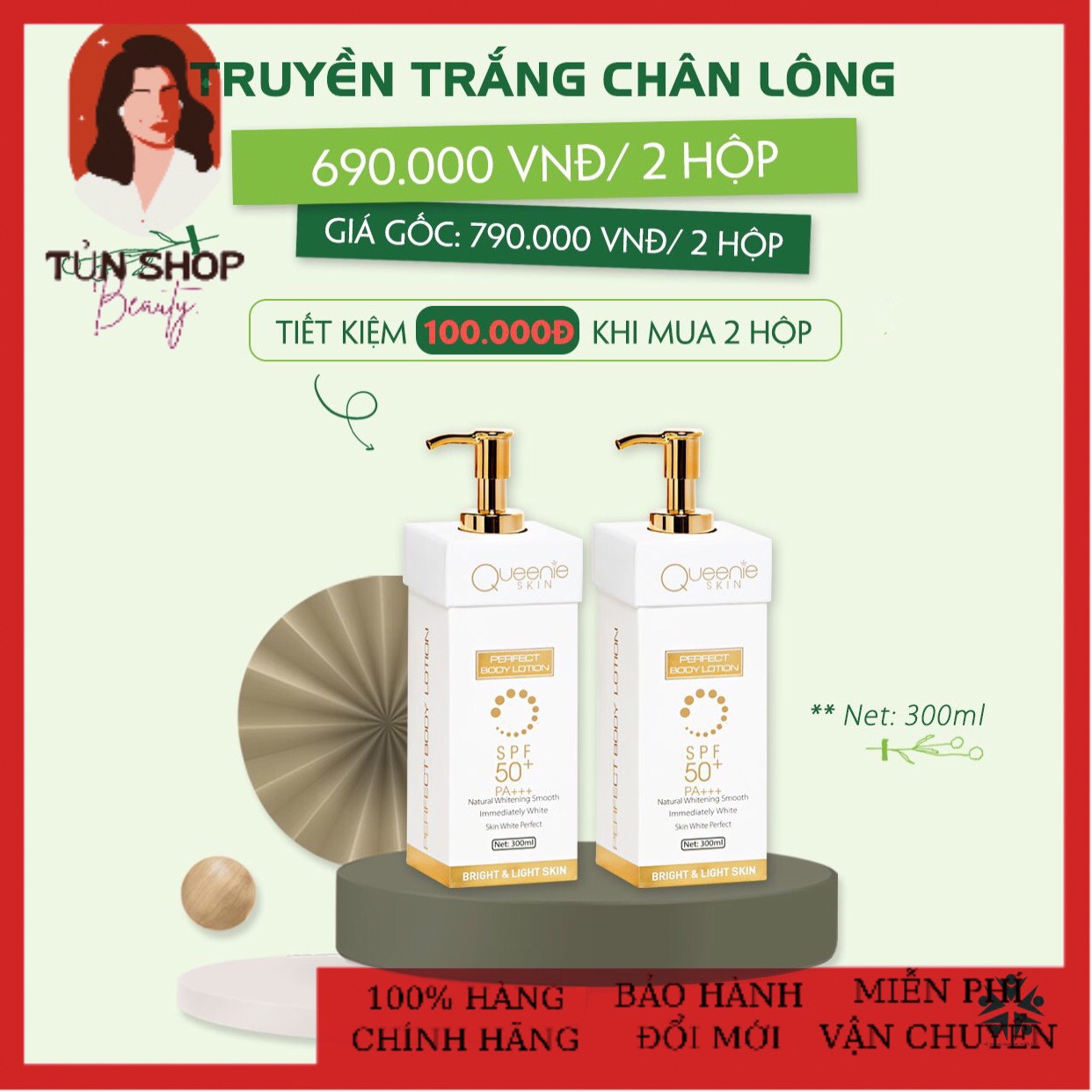 Combo 2 chai kem body truyền trắng chân lông queenie skin siêu tiết kiệm