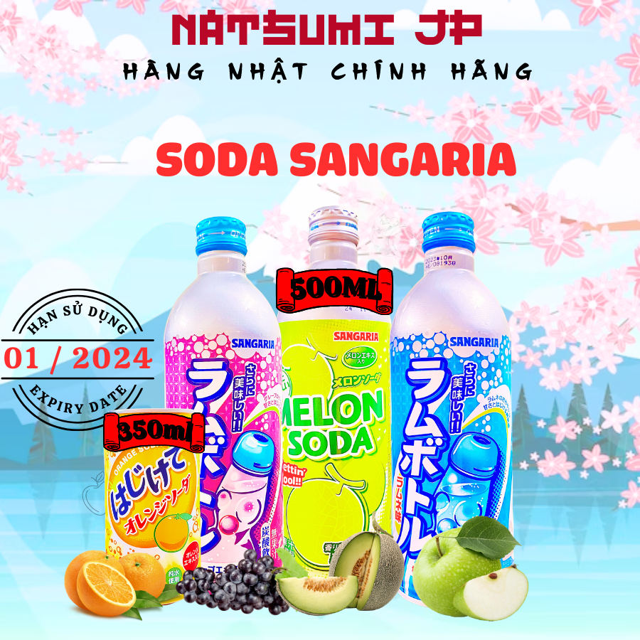 Nước Soda trái cây có ga Sangaria Hajikete Nhật Bản nhiều vị 350ml/500ml