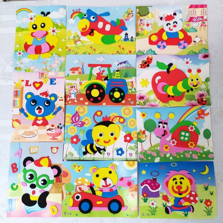 combo 10 Tranh 3d xốp, tranh xốp dán A5 (13 x 17cm), tranh dán tranh thủ công, đồ chơi cho bé