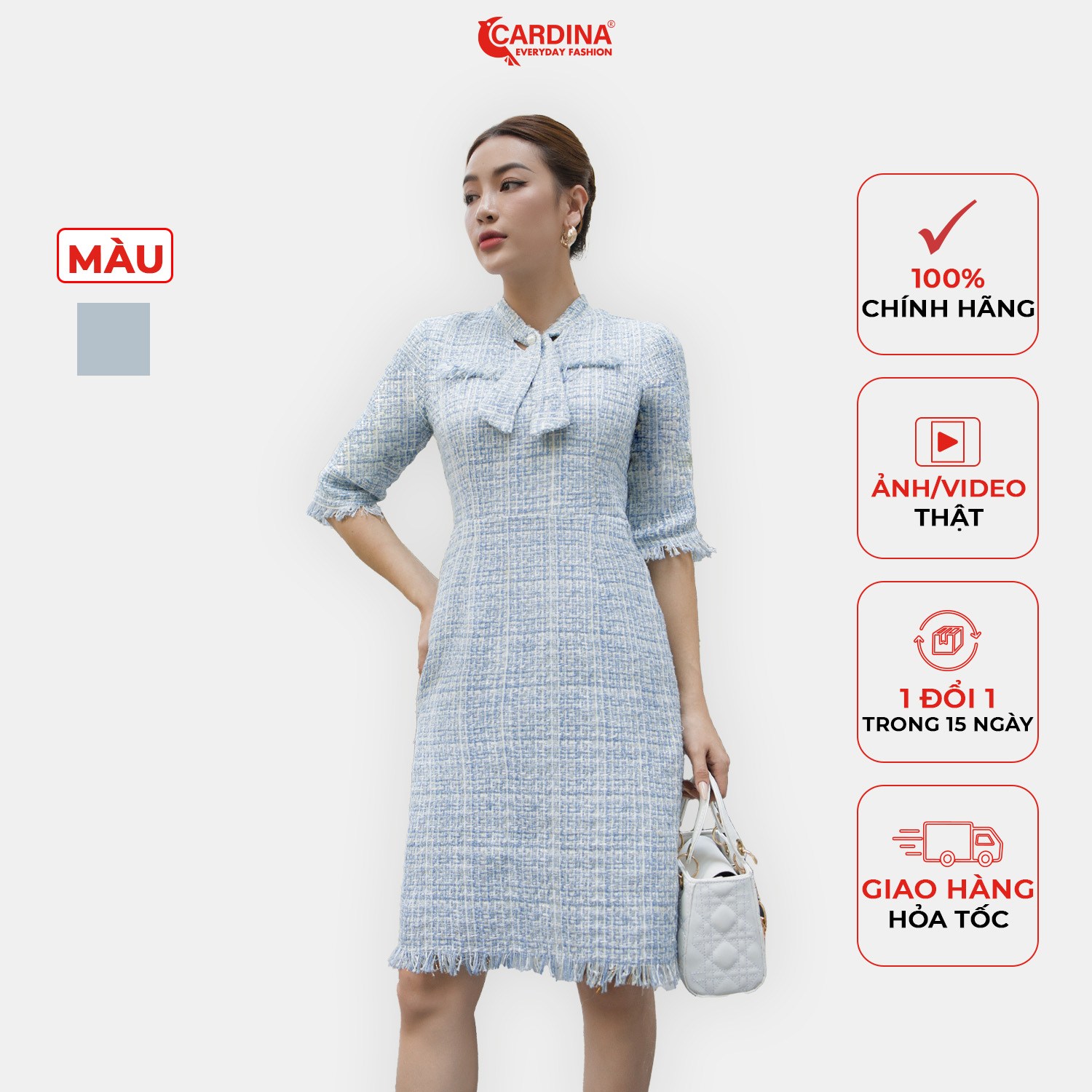 Đầm nữ 𝐂𝐀𝐑𝐃𝐈𝐍𝐀 chất dạ tweed cao cấp dáng suông nhấn eo nhẹ cổ tim có nơ điệu đà 2vtw01